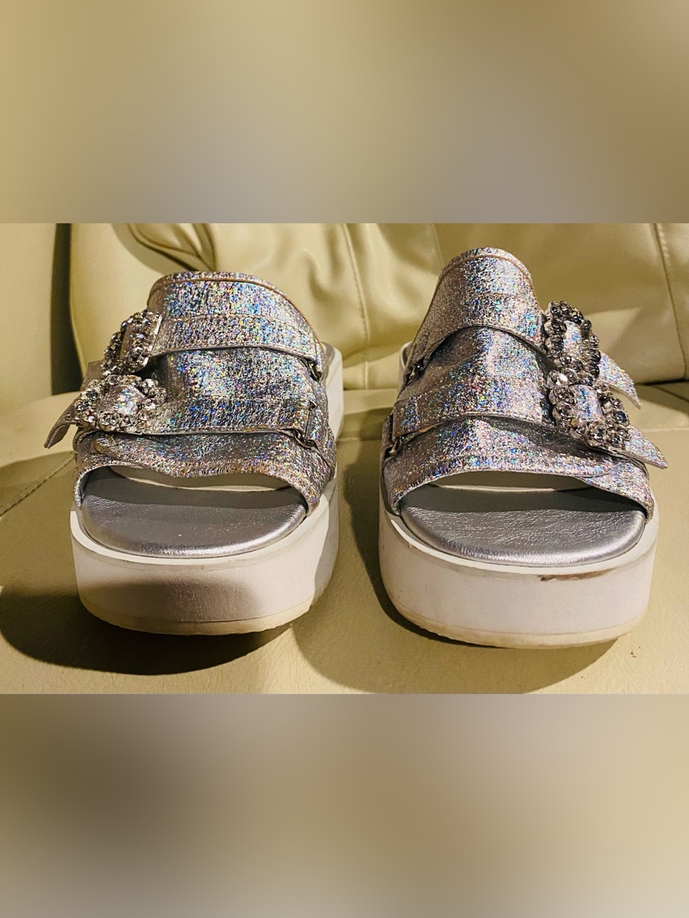 Sparkle Platform Slide Sandals in Silver Glitter